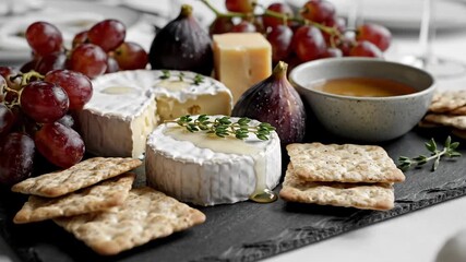 Gourmet cheese and fruit platter arrangement for culinary presentation
