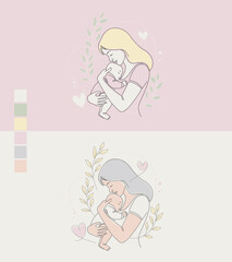 Tender Mother and Baby Line Art Vector - Powdered Pastel Palette with Floral Elements and Hearts
