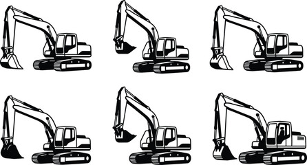 Excavator construction equipment black silhouette set heavy machinery digger vector illustration isolated on white background industrial machine collection © Sabbir's World