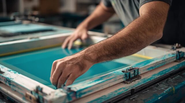 Closeup of textile screen printing mesh being stretched and tensioned on a frame for highquality apparel designs in a workshop setting.