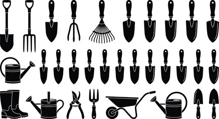 Garden tool icons set, black silhouette gardening equipment collection, shovel rake trowel watering can wheelbarrow vector illustration isolated flat style © Sabbir's World