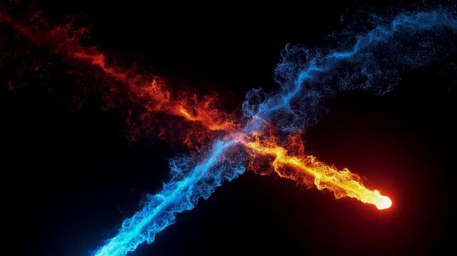 High-quality 3D animation of a clashing elemental comet featuring vibrant fire textures and glowing embers on black.