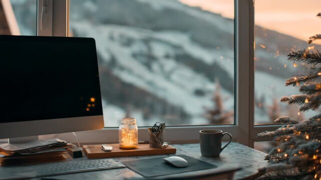 A cozy winter workspace by a snow-dusted window, illuminated by warm holiday lights.