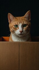 Curious ginger cat hiding inside cardboard box. Minimalist pet portrait of cat ears peeking over box. Playful orange cat sitting in shipping box on black background.