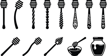 Honey dipper silhouettes set, beekeeping nectar tools collection, sweet syrup drizzle sticks, organic food symbols, black vector illustration © Sabbir's World