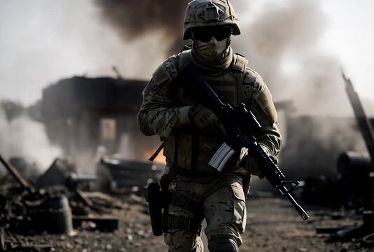 Intense combat footage of a soldier moving through a smoky warzone with destruction and fire
