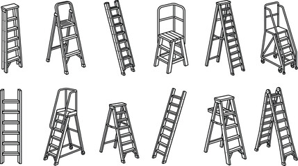 Ladder step ladder line art set construction tools equipment vector illustration isolated on white background for repair maintenance design