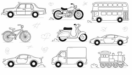 Naklejka premium Hand drawn transport vehicles line art set with car bike bus truck scooter and train