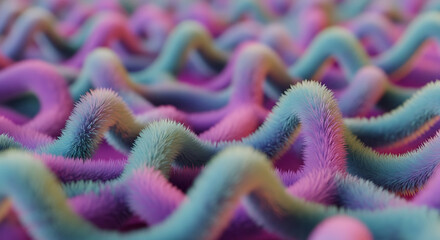 A vibrant and intricate network of colorful fuzzy tubes with wavy patterns in shades of purple pink and blue