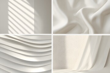 Pantone 11-4201. Textured white surfaces featuring smooth fabric, wavy patterns, and soft shadows create a serene atmosphere, ideal for backgrounds and design mockups with copy space