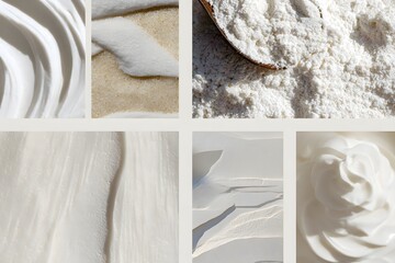 Pantone 11-4201. Textured white ingredients including flour, sugar, and cream are artistically arranged in a grid layout, showcasing various surfaces and forms for culinary inspiration and design