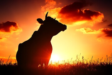 A dramatic shot of a cow silhouetted against a bright, fiery sunset, accentuating its strong features against the vibrant sky, evoking a sense of power.