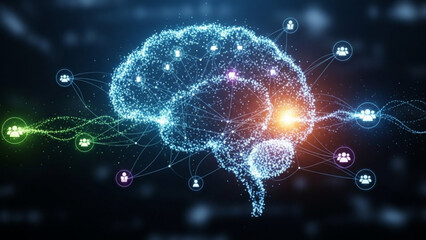 Glowing brain with neural connections and people icons on dark background