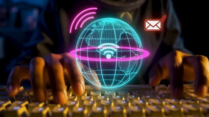 User typing on keyboard for global digital internet communication. Smart world technology connection glowing with wifi data. Future network innovation system access for online search information. - Powered by Adobe