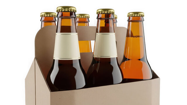Six pack of amber beer bottles in cardboard carrier isolated on transparent background