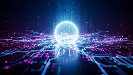 Abstract digital sphere with data streams on circuit board illustration
