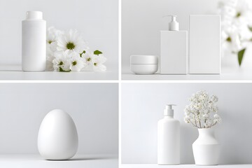 Pantone 11-4201. Minimalist product display featuring white containers, elegant flowers, and a smooth surface, creating a serene and modern aesthetic for beauty or wellness branding