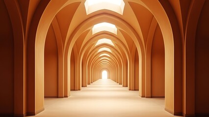 Fototapeta premium Endless Orange Arches Corridor Perspective Light Tunnel Architectural Background