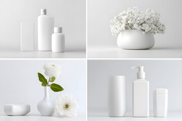 Pantone 11-4201. Minimalist arrangement of white cosmetic bottles, vases, and flowers on a soft gray background, showcasing elegance and simplicity in product presentation and design