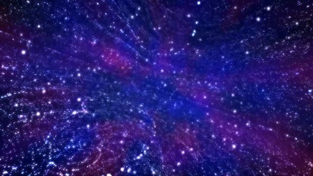 Space travel through sparkling stars and colorful nebulae in deep blue and purple galaxy loop