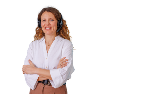 Woman wearing headset providing customer support, smiling professional agent assisting clients, help desk service concept - Powered by Adobe