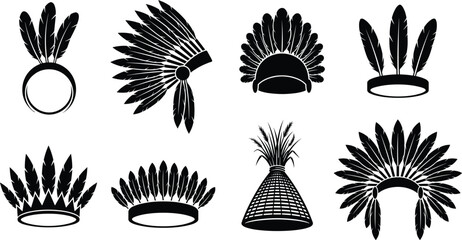 Tribal feather headdress silhouette icon set native ceremonial crowns vector illustration isolated on white background cultural design traditional ethnic symbols © Sabbir's World