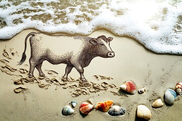 A drawn-in-the-sand effect of a cow wandering on a beach, with waves gently lapping at its feet and colorful shells scattered around, adding an artistic touch.