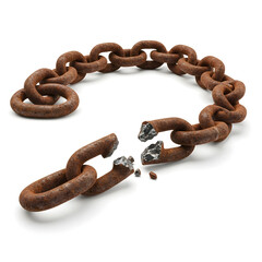 Obraz premium Broken rusty chain with snapped links on white background