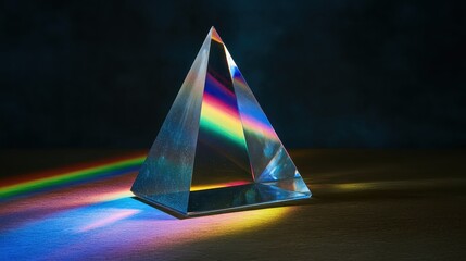 A triangular glass prism scattering white light into a spectrum of rainbow colors on a dark wooden surface