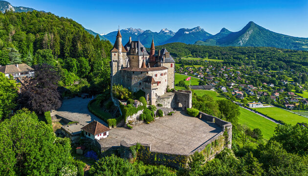 Aerial view of the Ch&acirc;teau de Menthon-Saint-Bernard overlooking Lake Annecy in Haute Savoie, Auvergne-Rh&ocirc;ne-Alpes, France