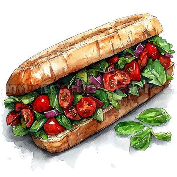 Bocadillo De Calamares, watercolor clipart showcasing whimsical details and harmonious color flow, isolated on a white background.