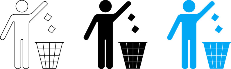 Set of throw garbage icons showing person putting trash into bin. Includes outline, solid black and blue styles. Ideal for signage, UI, apps, web, recycling and cleanliness concepts.