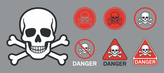 A collection of warning signs featuring skull and crossbones symbols alongside triangular danger alerts conveying toxicity and hazard awareness high quality