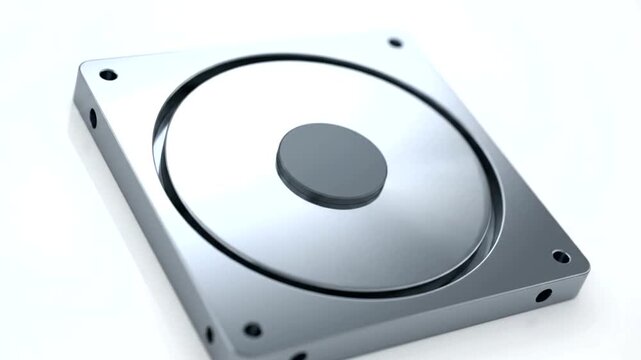 Hard disk drive rotating on white background for data storage.