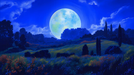 Dreamy Night Landscape with Giant Glowing Moon and Wildflower Fields