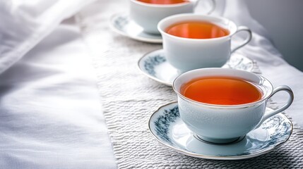 Delicate porcelain teacups arranged symmetrically with amber colored tea beverages