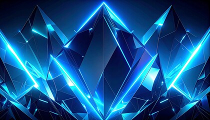 Abstract digital art, geometric blue shapes, glowing lines, crystal-like forms on dark backdrop