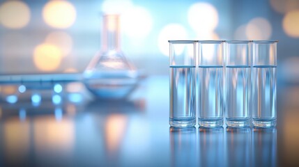 Clear graduated plastic cylinders containing liquid with a blurry laboratory flask in the background