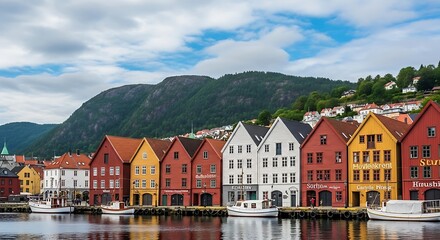 Colorful waterfront buildings stand against a green hillside under a cloudy sky.
