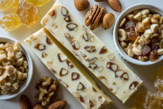 Torrone with nuts surrounding smooth, creamy texture chocolate bar topped with almonds. Concept of traditional Italian nougat nuts candy creation. 