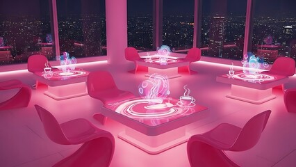 Futuristic pink lounge with glowing tables and a vibrant city view