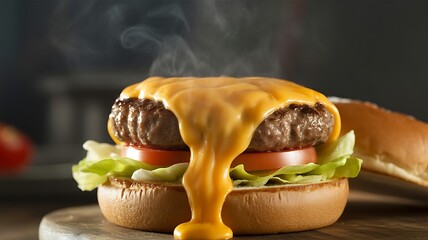 Close-up of a handcrafted hamburger with melted cheese, light smoke rising, blurred dark background, professional culinary style, ultra-realistic.
