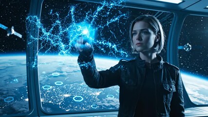Woman touches holographic interface in spacecraft. Futuristic hologram glows near woman hand. Earth visible through spacecraft window. Woman interacts with hologram in space. Satellite floats in - Powered by Adobe