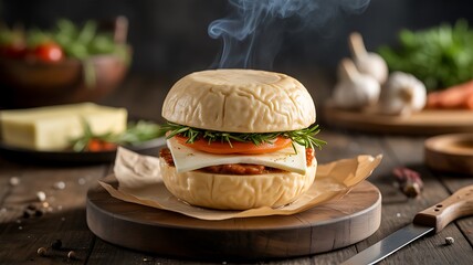 Close-up of a handcrafted hamburger with melted cheese, light smoke rising, blurred dark background, professional culinary style, ultra-realistic.