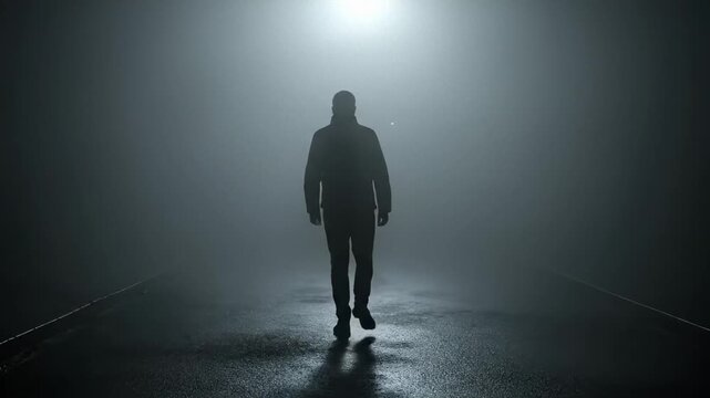 Mysterious figure walks alone on foggy road. Dark atmosphere creates suspense and intrigue. This scene captures isolation and introspection in urban setting.