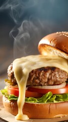 Close-up of a handcrafted hamburger with melted cheese, light smoke rising, blurred dark background, professional culinary style, ultra-realistic.