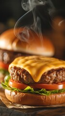 Close-up of a handcrafted hamburger with melted cheese, light smoke rising, blurred dark background, professional culinary style, ultra-realistic.