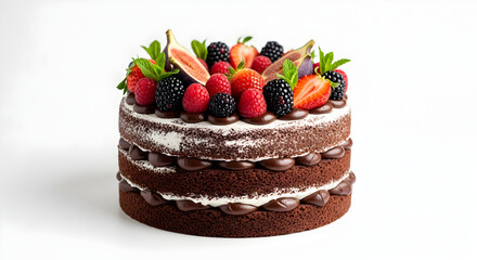 Delicious chocolate cake with fresh berries and figs on top