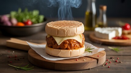 Close-up of a handcrafted hamburger with melted cheese, light smoke rising, blurred dark background, professional culinary style, ultra-realistic.