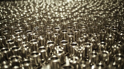 A vast collection of polished steel bearings arranged with industrial precision in a manufacturing setting